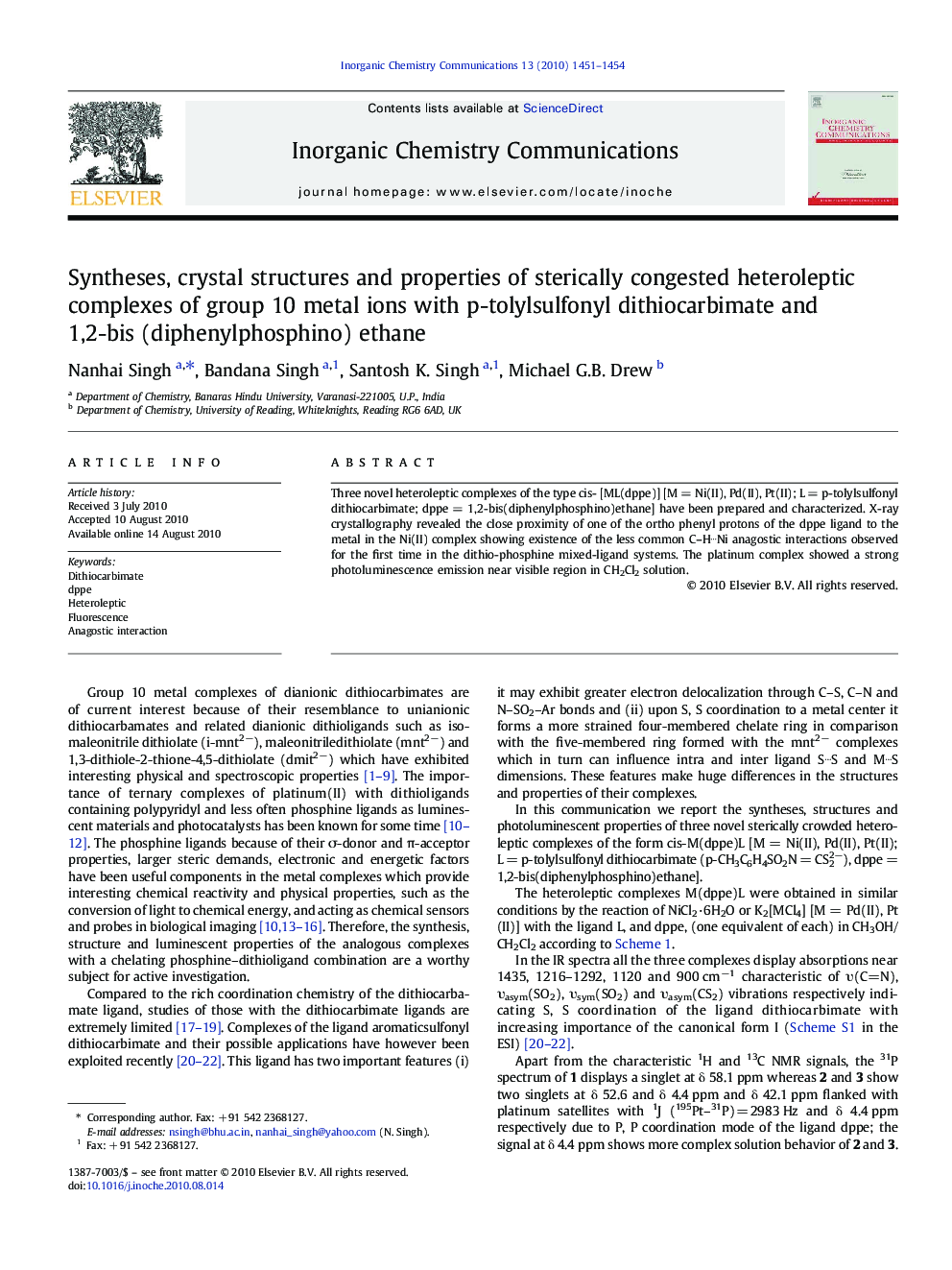 Syntheses, crystal structures and properties of sterically congested heteroleptic complexes of group 10 metal ions with p-tolylsulfonyl dithiocarbimate and 1,2-bis (diphenylphosphino) ethane