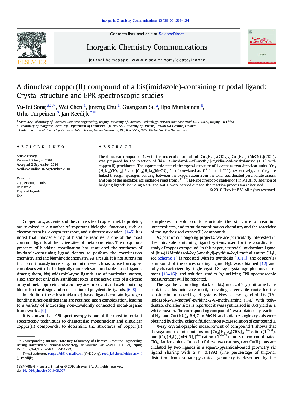 A dinuclear copper(II) compound of a bis(imidazole)-containing tripodal ligand: Crystal structure and EPR spectroscopic studies