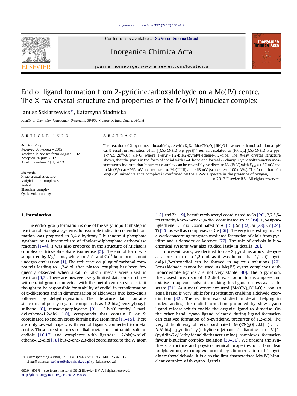 Endiol ligand formation from 2-pyridinecarboxaldehyde on a Mo(IV) centre. The X-ray crystal structure and properties of the Mo(IV) binuclear complex