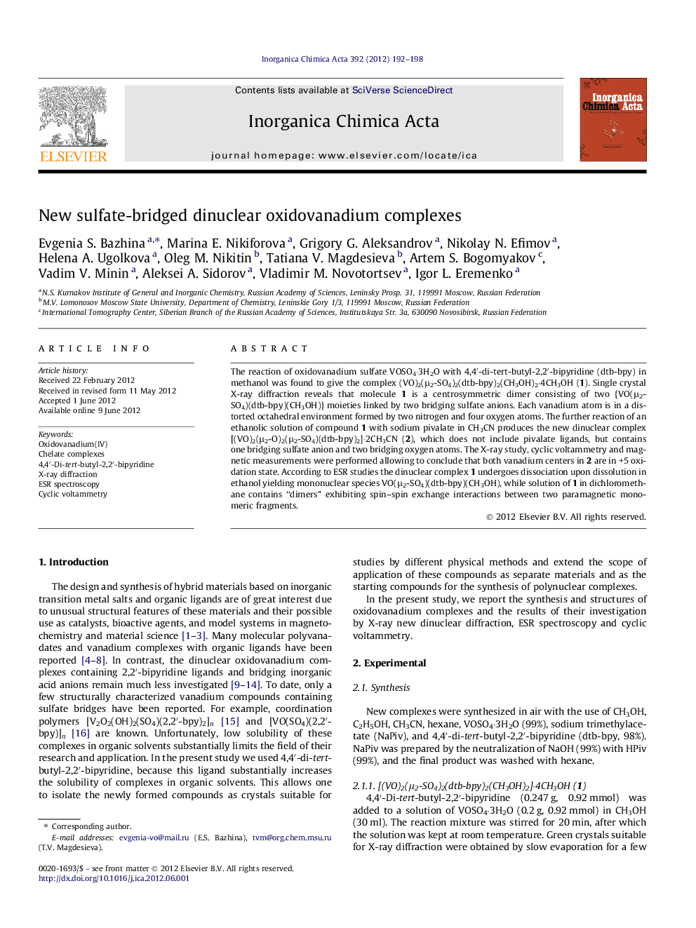 New sulfate-bridged dinuclear oxidovanadium complexes