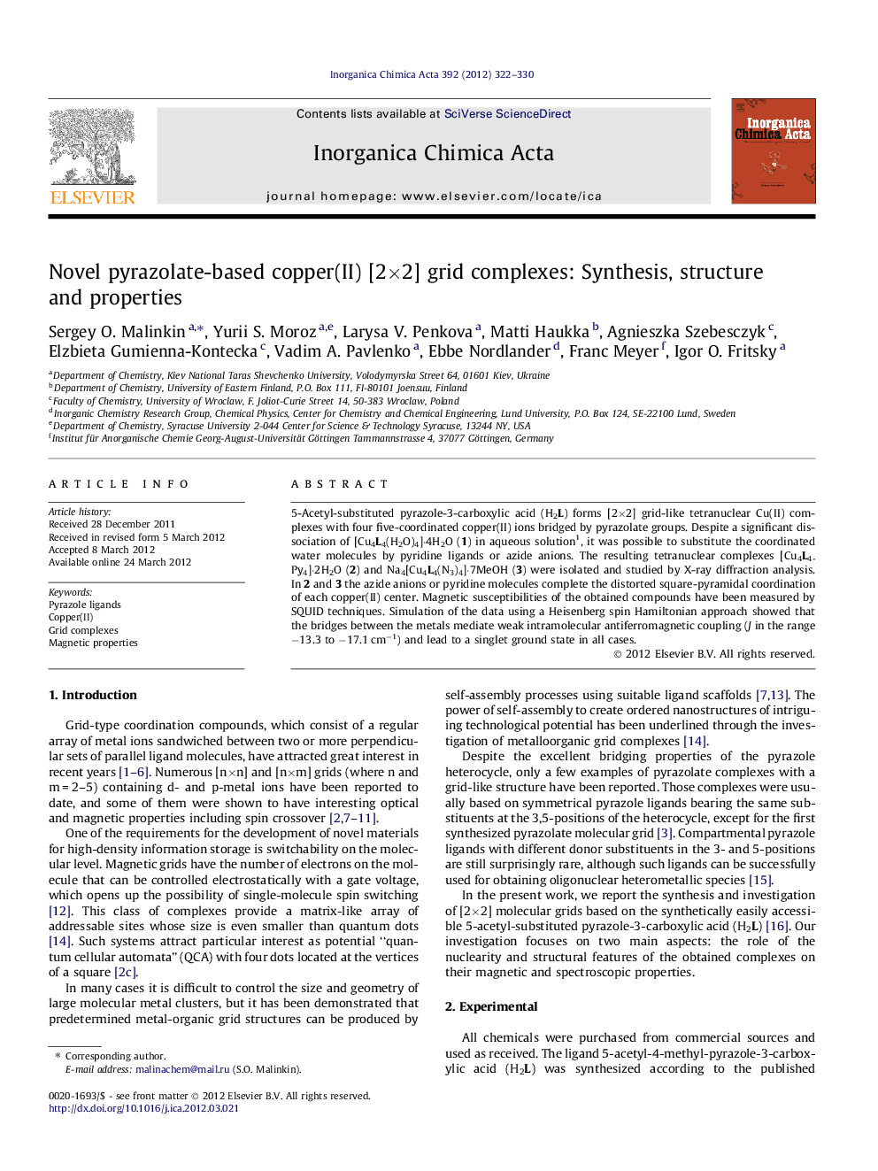 Novel pyrazolate-based copper(II) [2×2] grid complexes: Synthesis, structure and properties