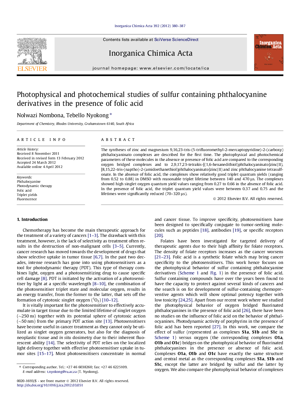 Photophysical and photochemical studies of sulfur containing phthalocyanine derivatives in the presence of folic acid