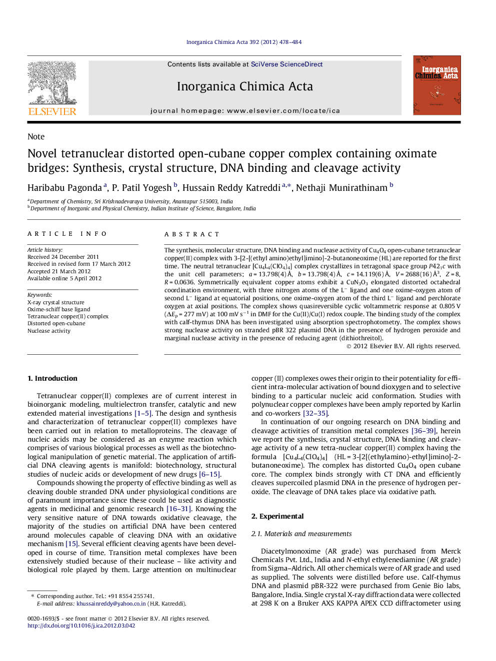 Novel tetranuclear distorted open-cubane copper complex containing oximate bridges: Synthesis, crystal structure, DNA binding and cleavage activity