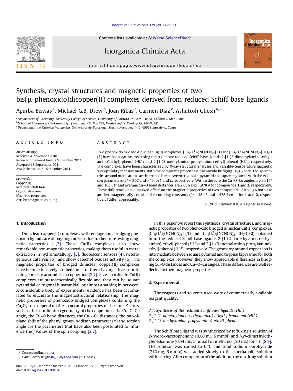 Synthesis, crystal structures and magnetic properties of two bis(μ-phenoxido)dicopper(II) complexes derived from reduced Schiff base ligands