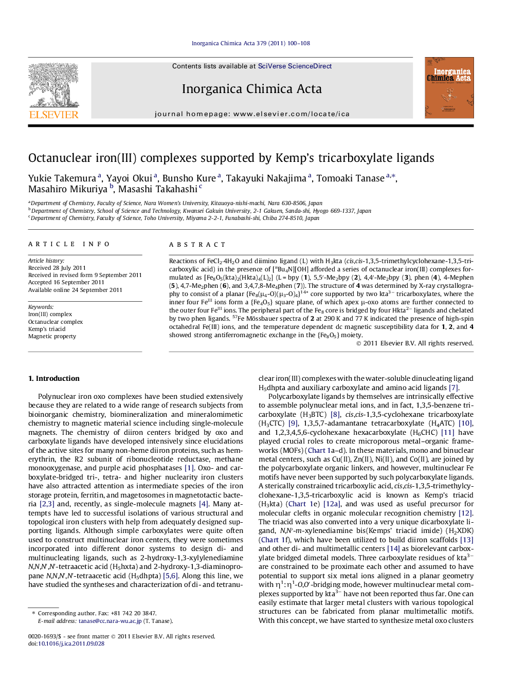 Octanuclear iron(III) complexes supported by Kemp’s tricarboxylate ligands