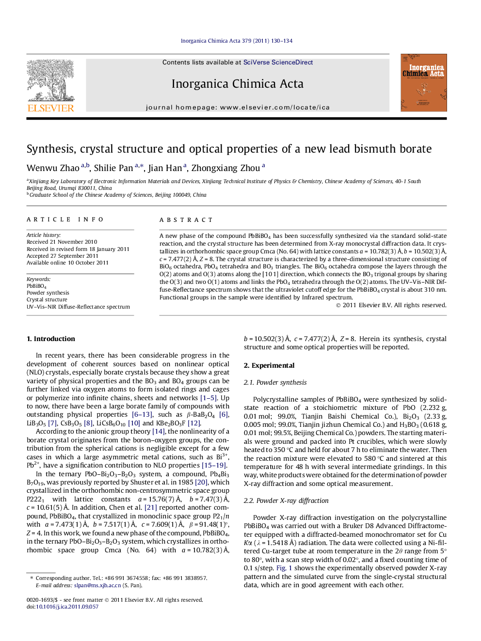 Synthesis, crystal structure and optical properties of a new lead bismuth borate