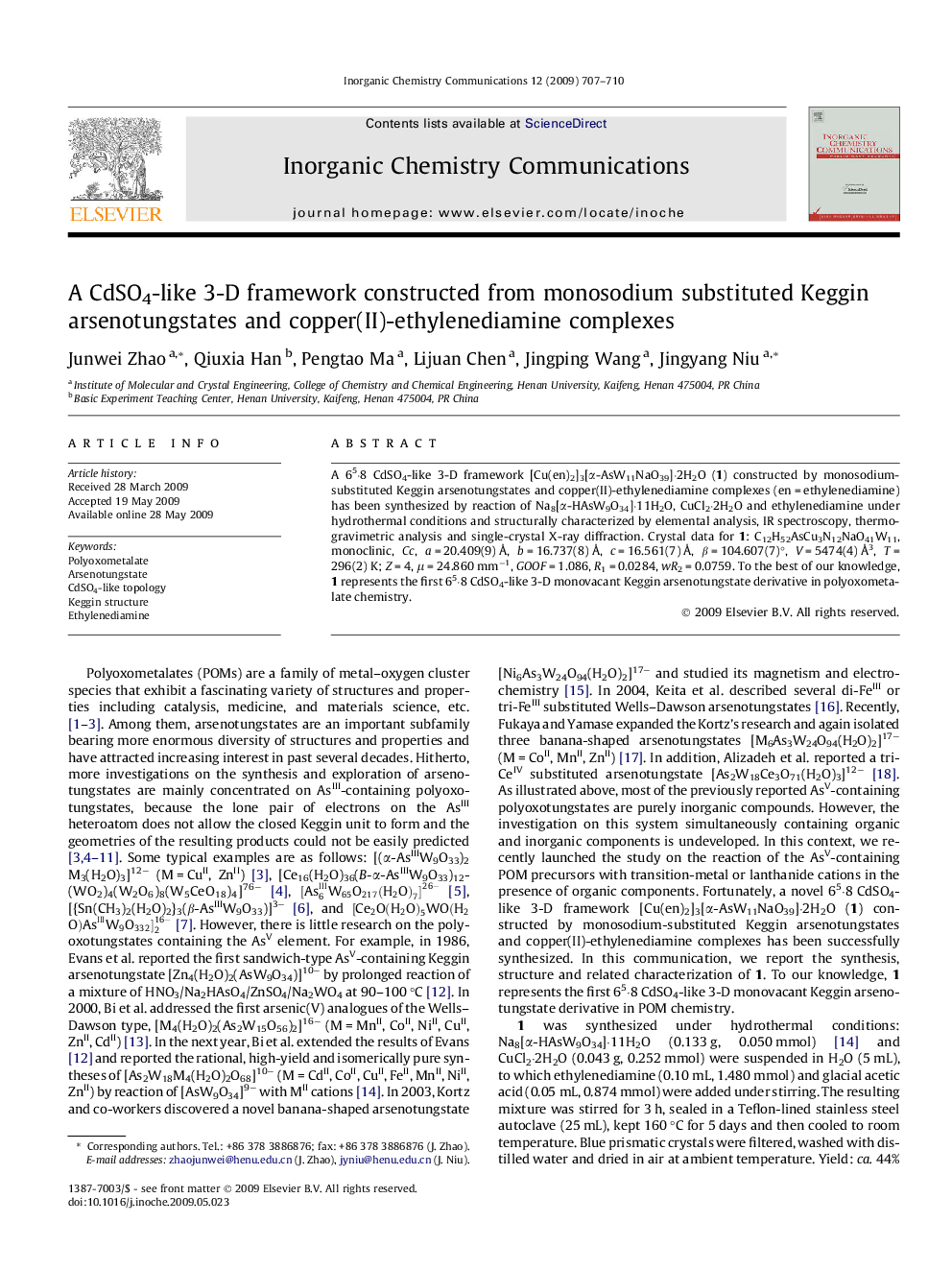 A CdSO4-like 3-D framework constructed from monosodium substituted Keggin arsenotungstates and copper(II)-ethylenediamine complexes