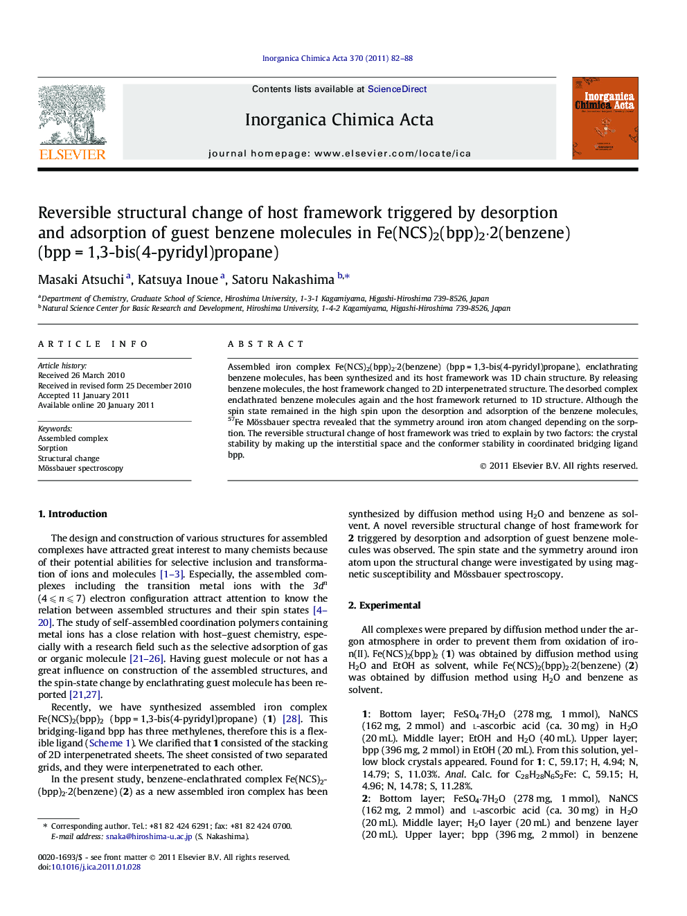 Reversible structural change of host framework triggered by desorption and adsorption of guest benzene molecules in Fe(NCS)2(bpp)2Â·2(benzene) (bppÂ =Â 1,3-bis(4-pyridyl)propane)