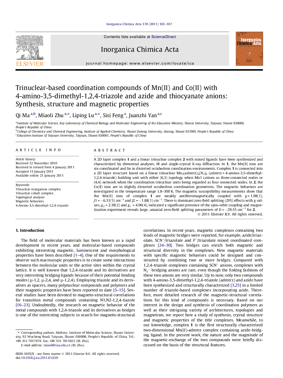 عکس صفحه اول مقاله: Trinuclear-based coordination compounds of Mn(II) and Co(II) with 4-amino-3,5-dimethyl-1,2,4-triazole and azide and thiocyanate anions: Synthesis, structure and magnetic properties Trinuclear-based coordination compounds of Mn(II) and Co(II) with 4-amino-3,5-dimethyl-1,2,4-triazole and azide and thiocyanate anions: Synthesis, structure and magnetic properties