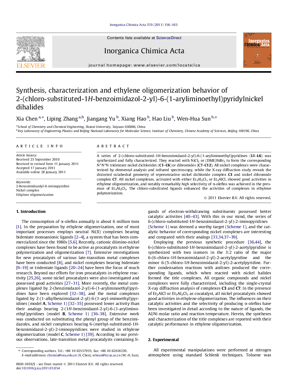 Synthesis, characterization and ethylene oligomerization behavior of 2-(chloro-substituted-1H-benzoimidazol-2-yl)-6-(1-aryliminoethyl)pyridylnickel dihalides