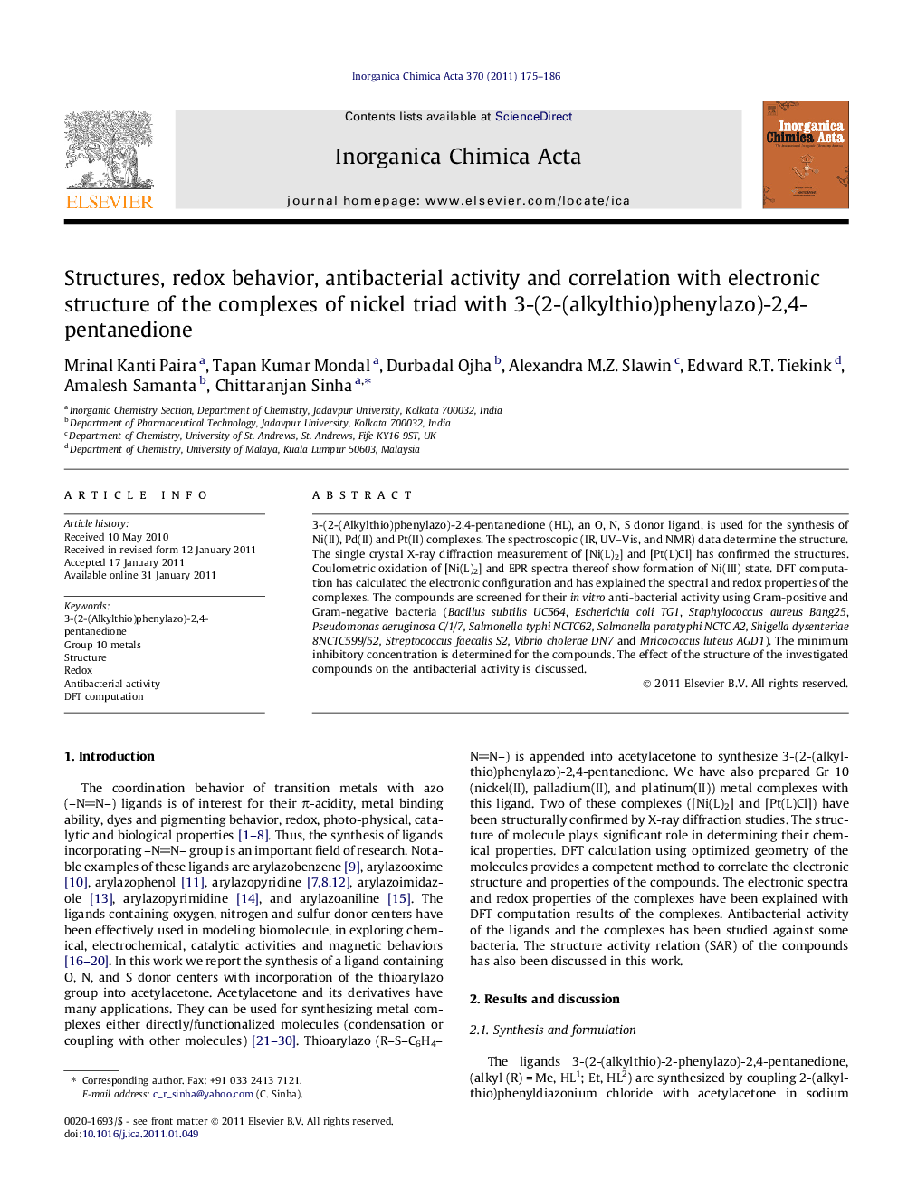 Structures, redox behavior, antibacterial activity and correlation with electronic structure of the complexes of nickel triad with 3-(2-(alkylthio)phenylazo)-2,4-pentanedione