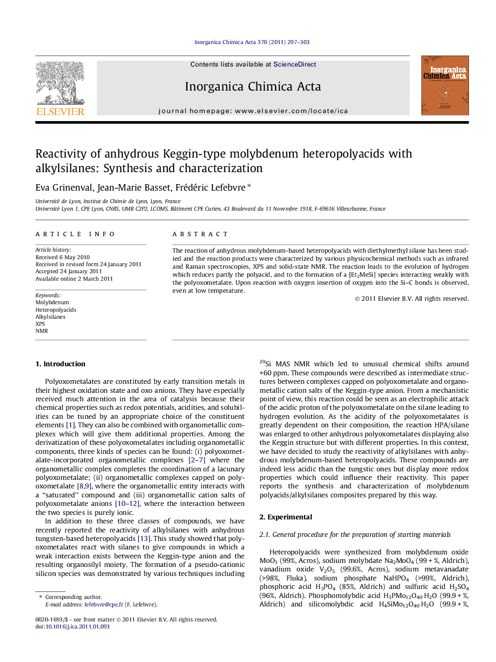 Reactivity of anhydrous Keggin-type molybdenum heteropolyacids with alkylsilanes: Synthesis and characterization