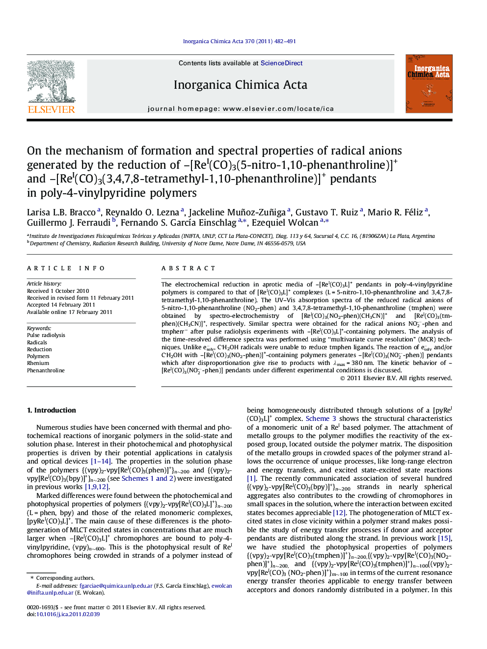 On the mechanism of formation and spectral properties of radical anions generated by the reduction of –[ReI(CO)3(5-nitro-1,10-phenanthroline)]+ and –[ReI(CO)3(3,4,7,8-tetramethyl-1,10-phenanthroline)]+ pendants in poly-4-vinylpyridine polymers