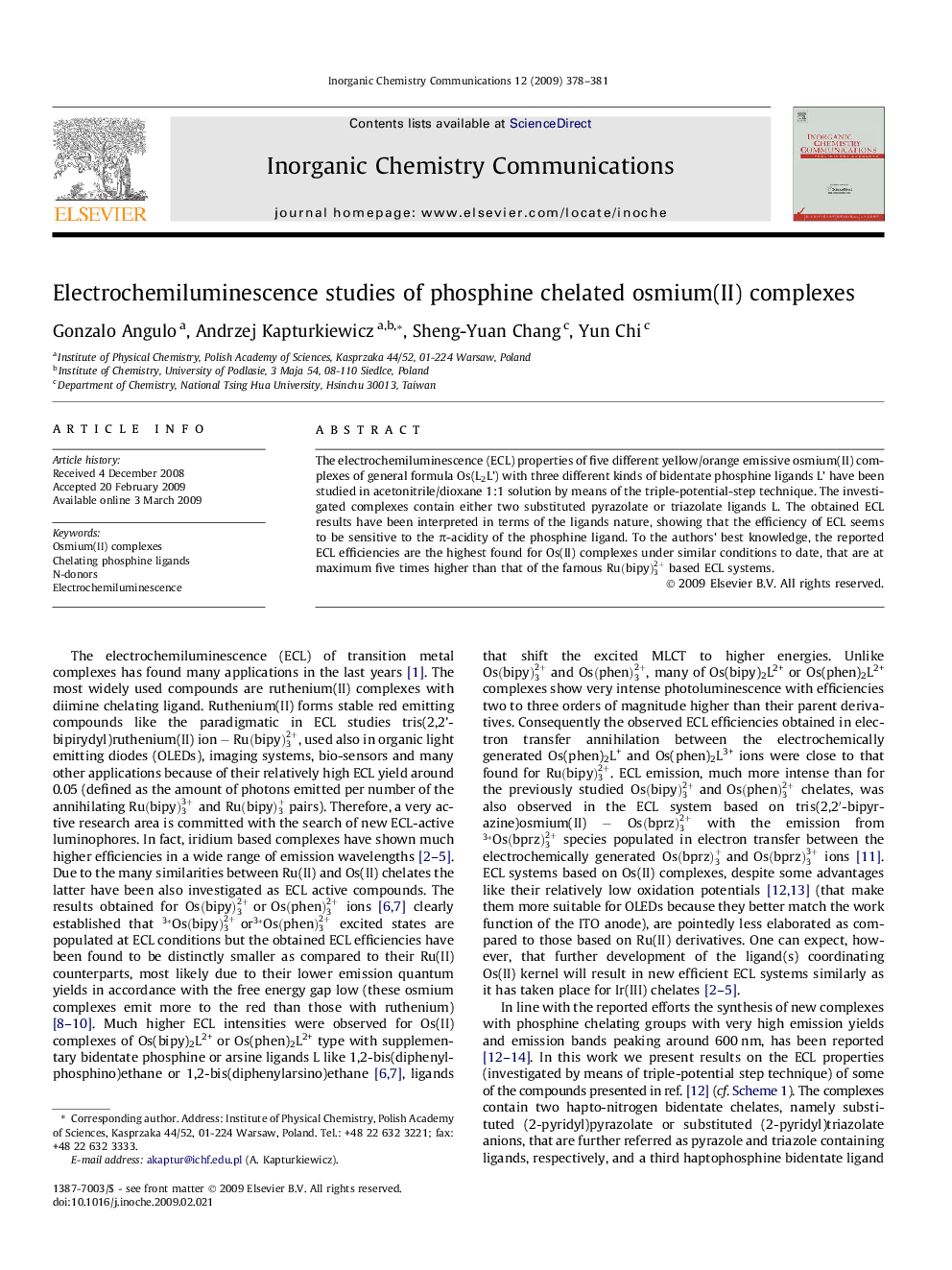 Electrochemiluminescence studies of phosphine chelated osmium(II) complexes