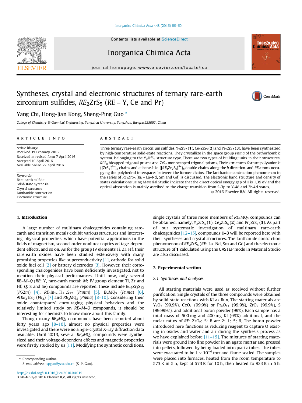 Syntheses, crystal and electronic structures of ternary rare-earth zirconium sulfides, RE2ZrS5 (RE = Y, Ce and Pr)