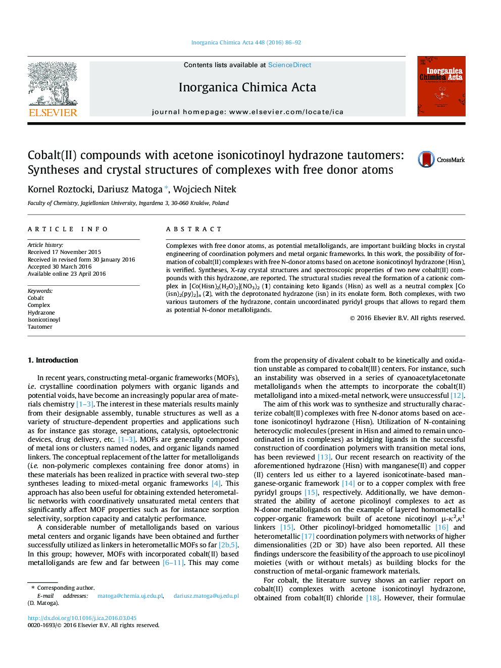 Cobalt(II) compounds with acetone isonicotinoyl hydrazone tautomers: Syntheses and crystal structures of complexes with free donor atoms