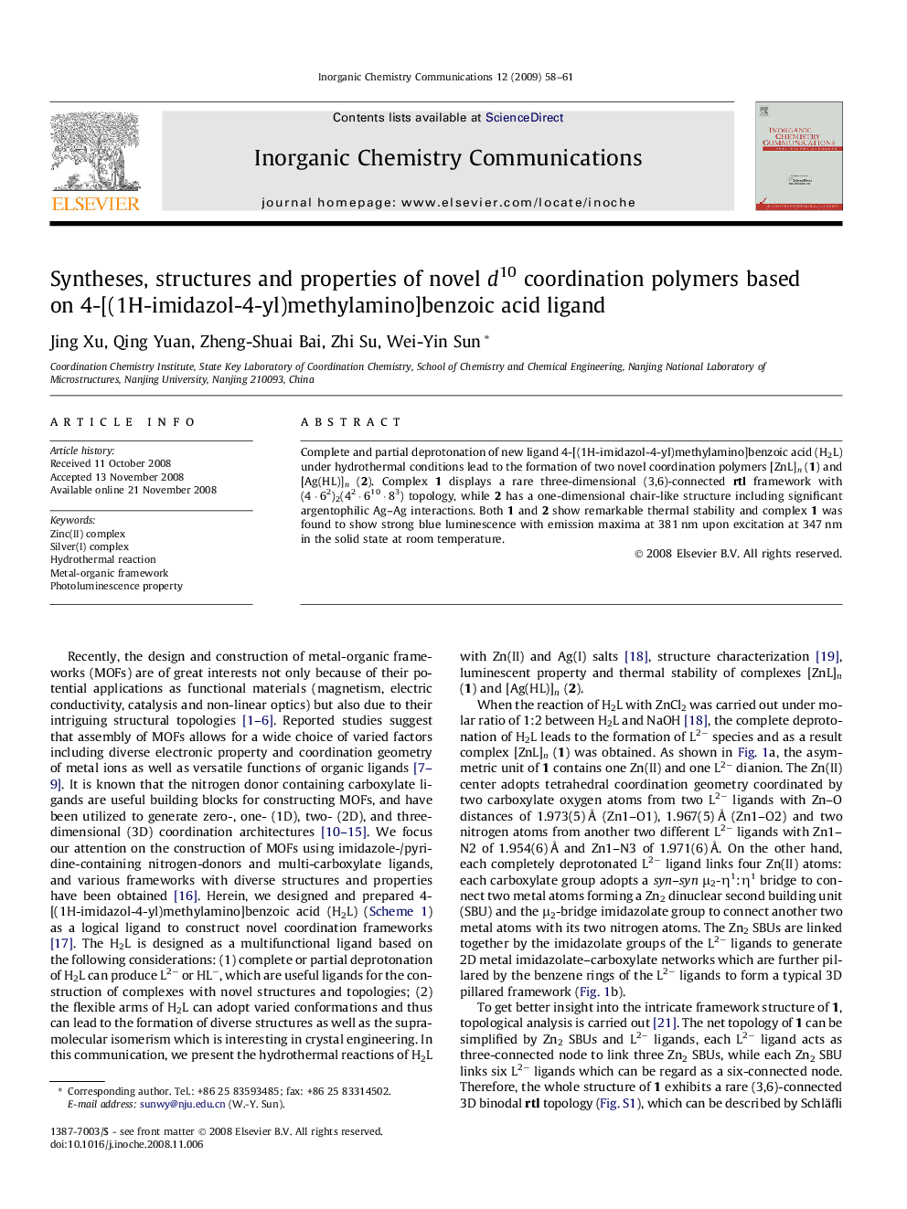 Syntheses, structures and properties of novel d10 coordination polymers based on 4-[(1H-imidazol-4-yl)methylamino]benzoic acid ligand