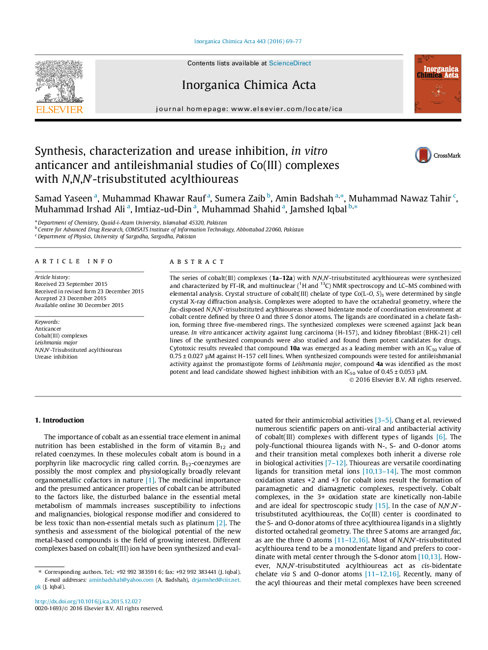 Synthesis, characterization and urease inhibition, in vitro anticancer and antileishmanial studies of Co(III) complexes with N,N,Nâ²-trisubstituted acylthioureas