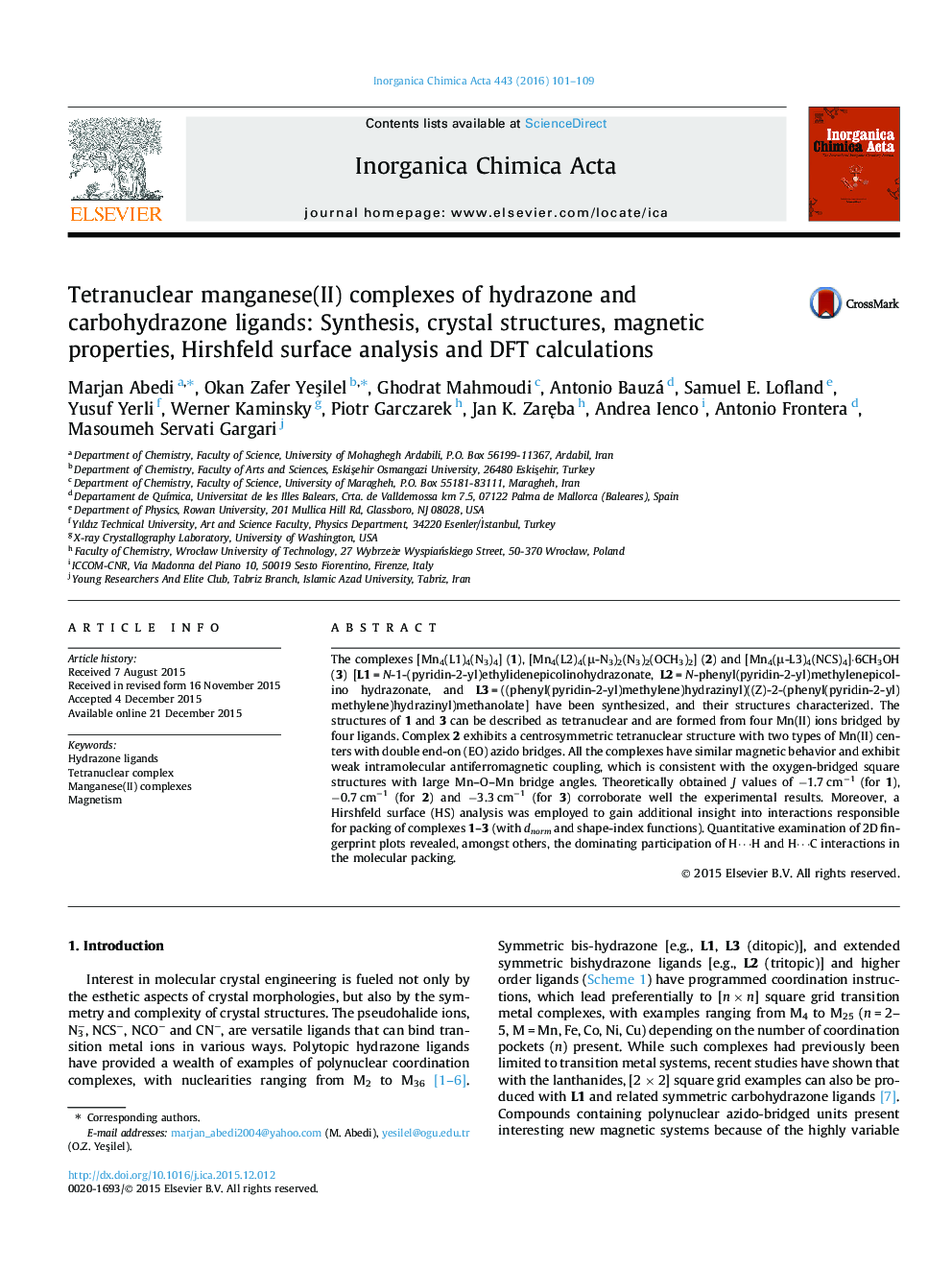 Tetranuclear manganese(II) complexes of hydrazone and carbohydrazone ligands: Synthesis, crystal structures, magnetic properties, Hirshfeld surface analysis and DFT calculations