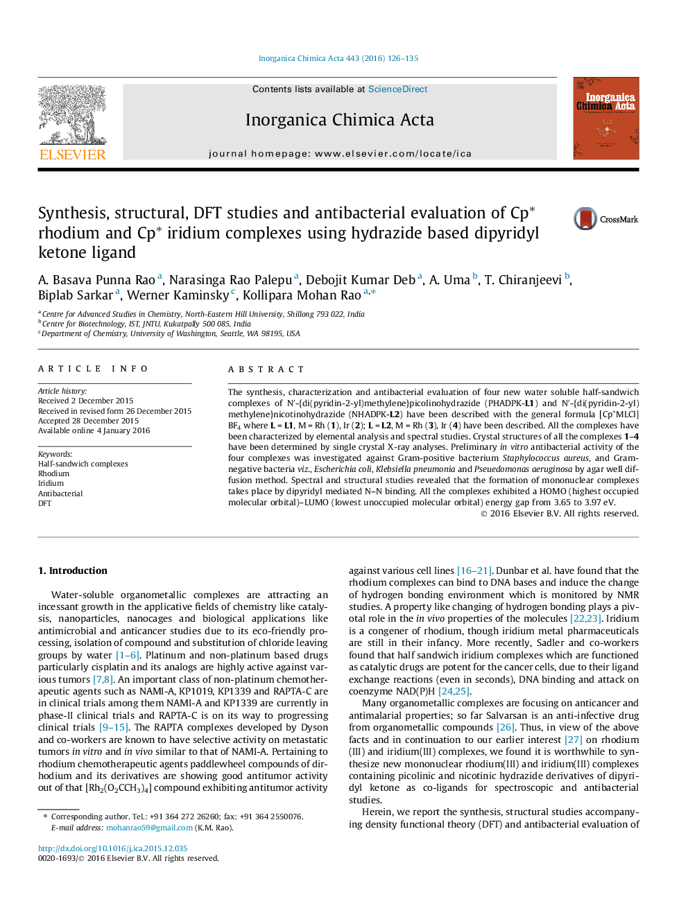 Synthesis, structural, DFT studies and antibacterial evaluation of Cp∗ rhodium and Cp∗ iridium complexes using hydrazide based dipyridyl ketone ligand