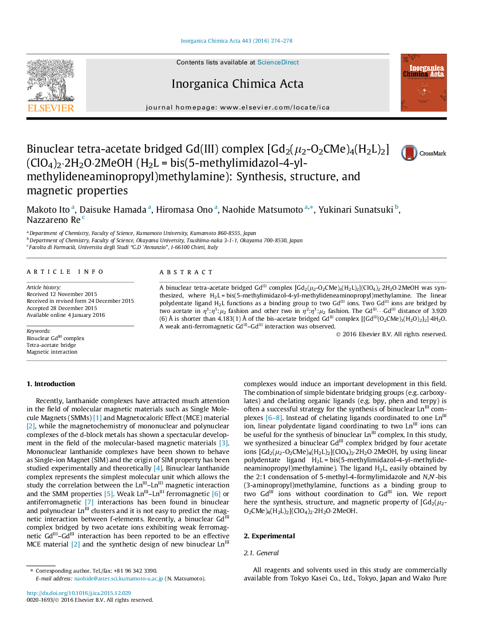 Binuclear tetra-acetate bridged Gd(III) complex [Gd2(Î¼2-O2CMe)4(H2L)2](ClO4)2Â·2H2OÂ·2MeOH (H2LÂ =Â bis(5-methylimidazol-4-yl-methylideneaminopropyl)methylamine): Synthesis, structure, and magnetic properties