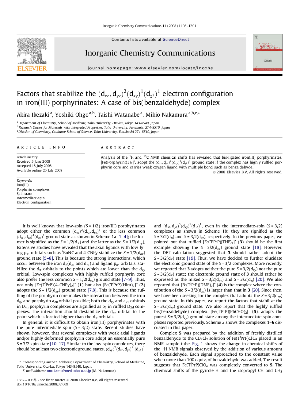 Factors that stabilize the (dxz,dyz)3(dxy)1(dz2)1(dxz,dyz)3(dxy)1(dz2)1 electron configuration in iron(III) porphyrinates: A case of bis(benzaldehyde) complex