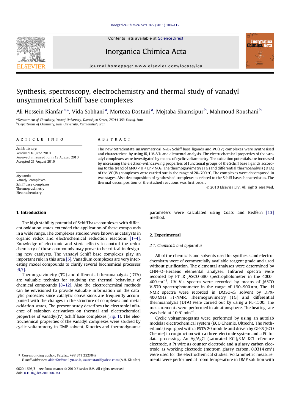 Synthesis, spectroscopy, electrochemistry and thermal study of vanadyl unsymmetrical Schiff base complexes