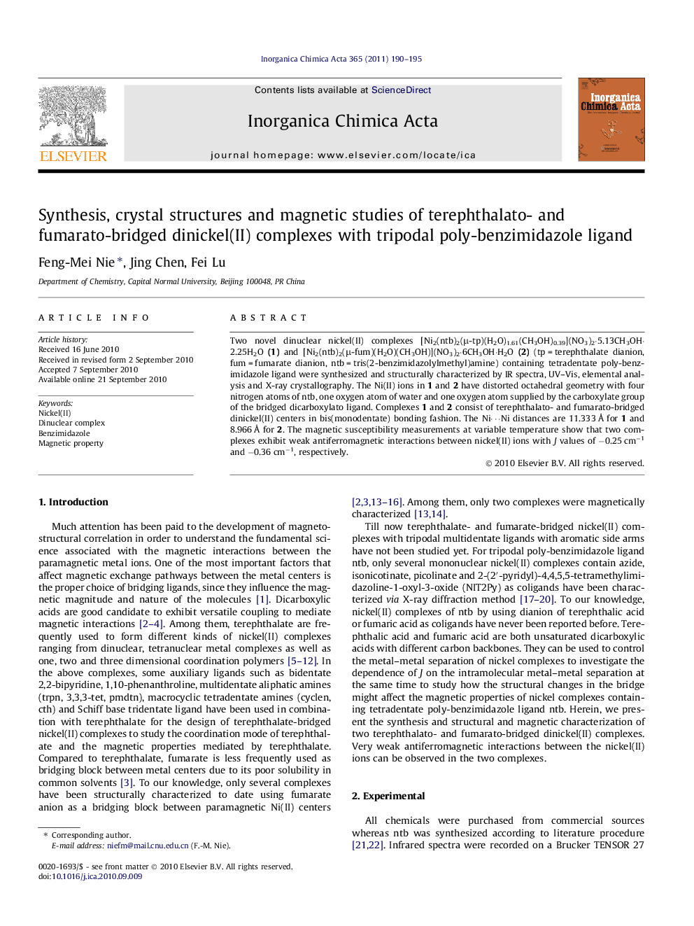 Synthesis, crystal structures and magnetic studies of terephthalato- and fumarato-bridged dinickel(II) complexes with tripodal poly-benzimidazole ligand