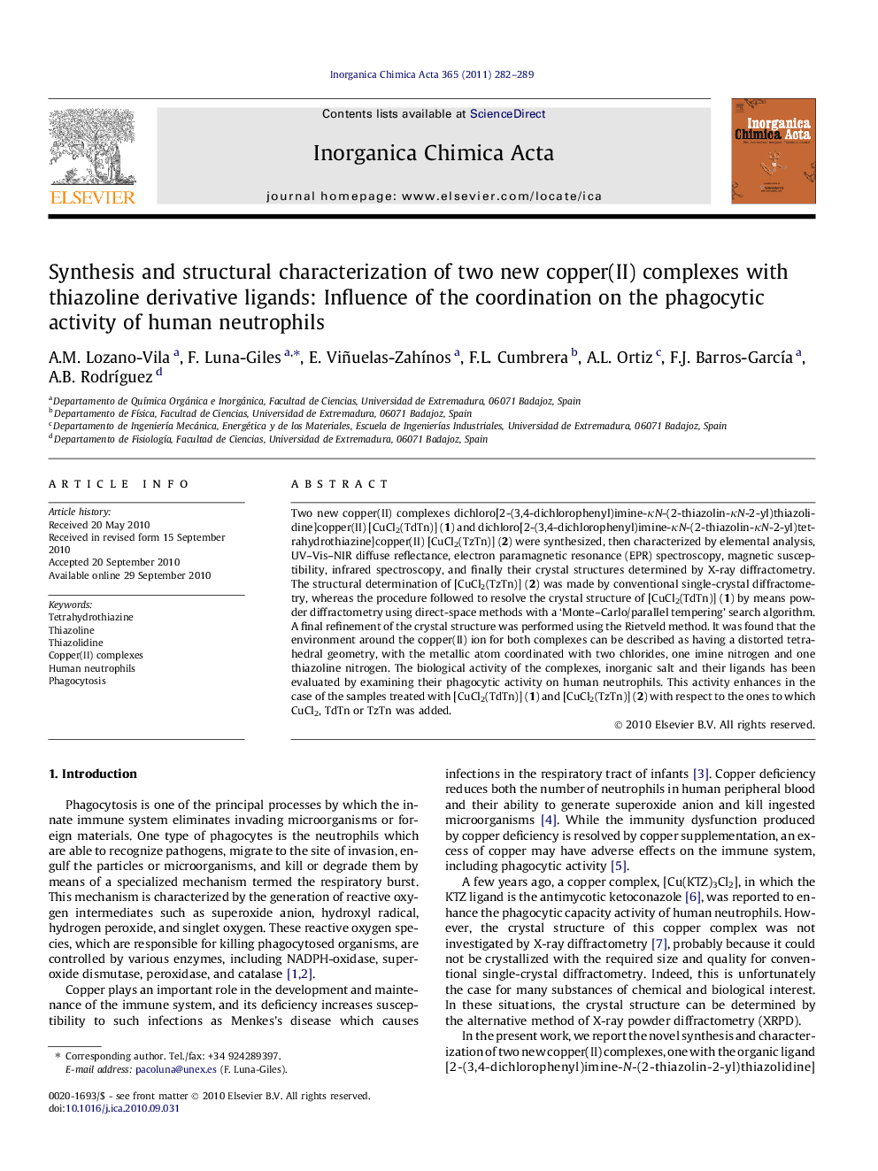 Synthesis and structural characterization of two new copper(II) complexes with thiazoline derivative ligands: Influence of the coordination on the phagocytic activity of human neutrophils