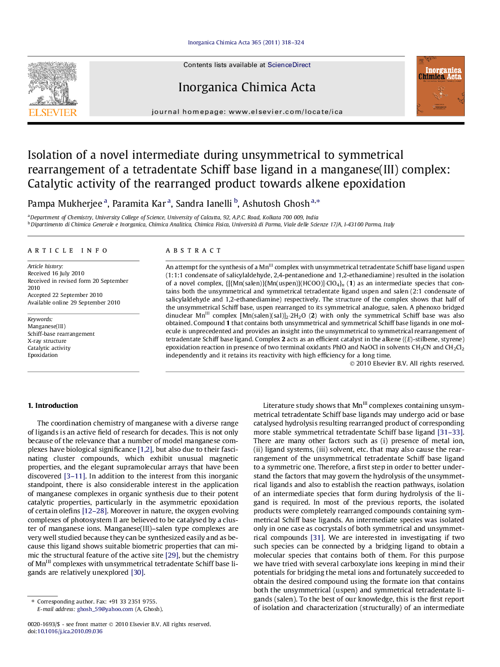 Isolation of a novel intermediate during unsymmetrical to symmetrical rearrangement of a tetradentate Schiff base ligand in a manganese(III) complex: Catalytic activity of the rearranged product towards alkene epoxidation