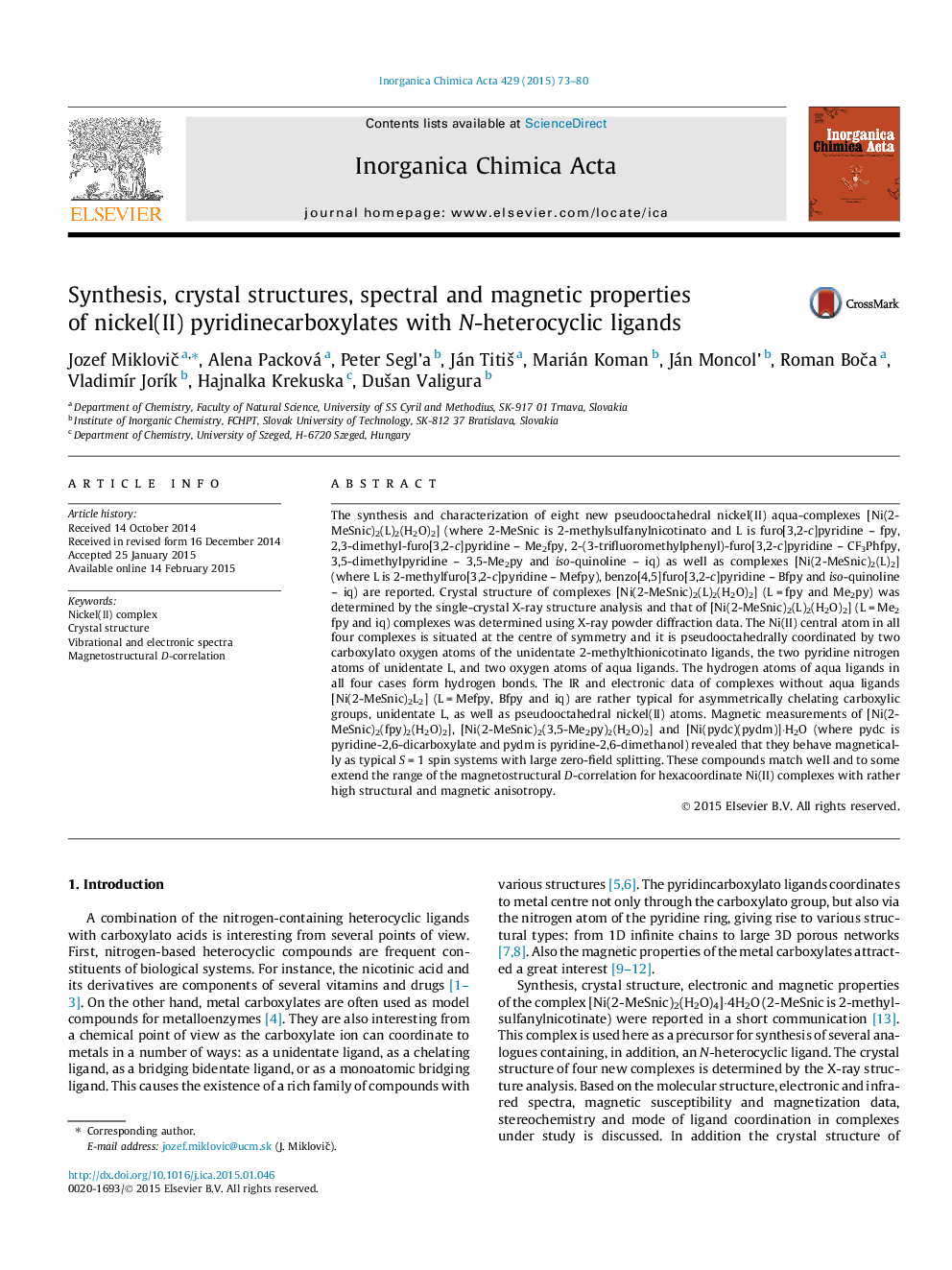 Synthesis, crystal structures, spectral and magnetic properties of nickel(II) pyridinecarboxylates with N-heterocyclic ligands