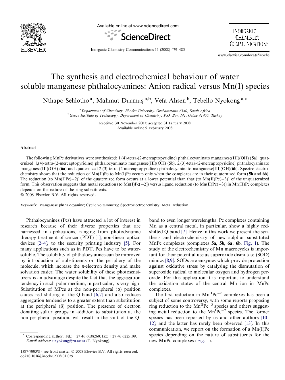 The synthesis and electrochemical behaviour of water soluble manganese phthalocyanines: Anion radical versus Mn(I) species