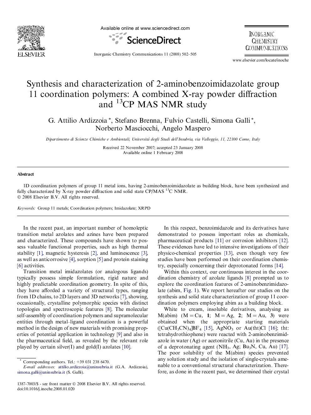 Synthesis and characterization of 2-aminobenzoimidazolate group 11 coordination polymers: A combined X-ray powder diffraction and 13CP MAS NMR study