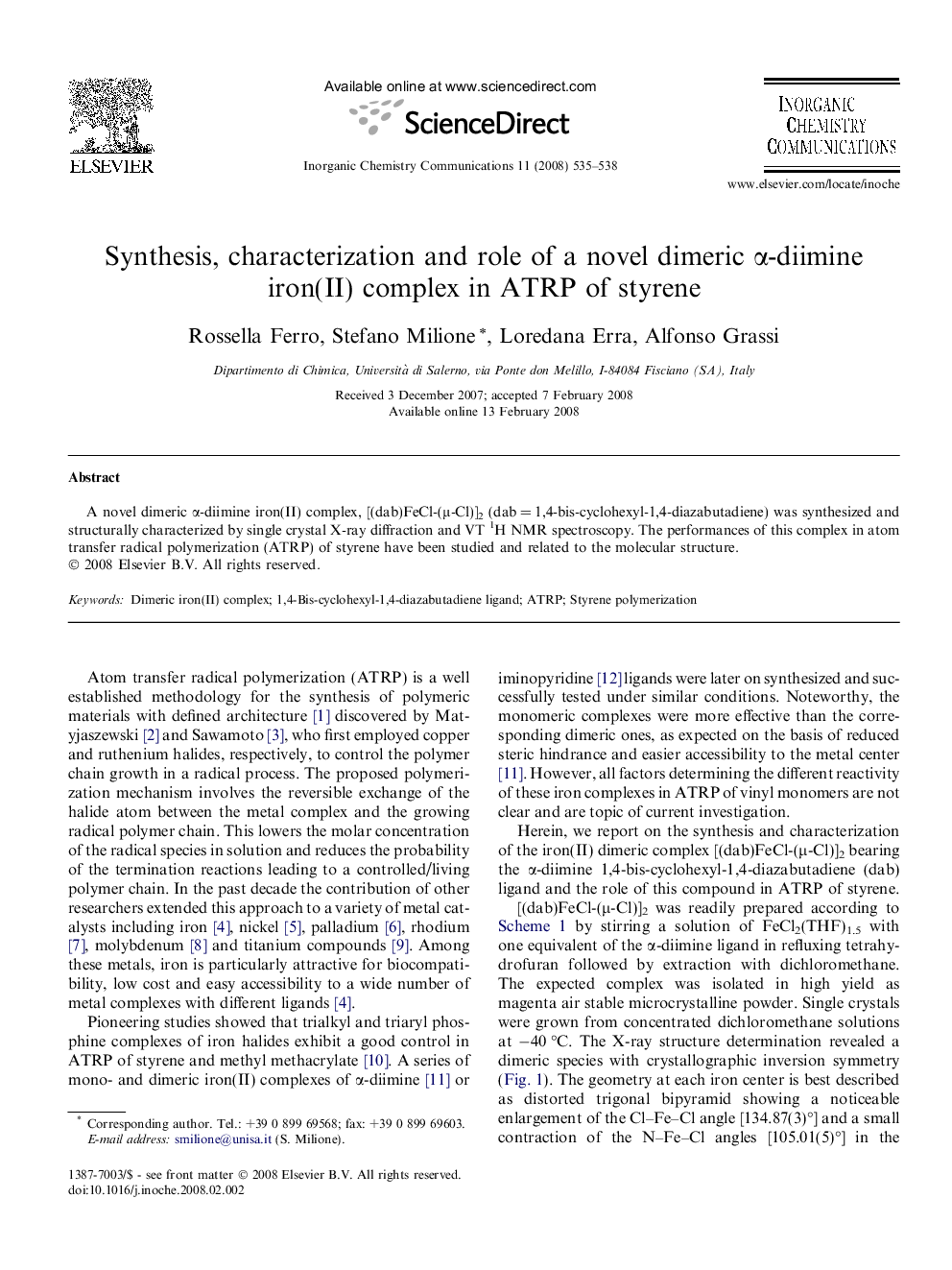 Synthesis, characterization and role of a novel dimeric α-diimine iron(II) complex in ATRP of styrene