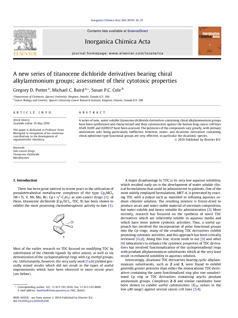 A new series of titanocene dichloride derivatives bearing chiral alkylammonium groups; assessment of their cytotoxic properties