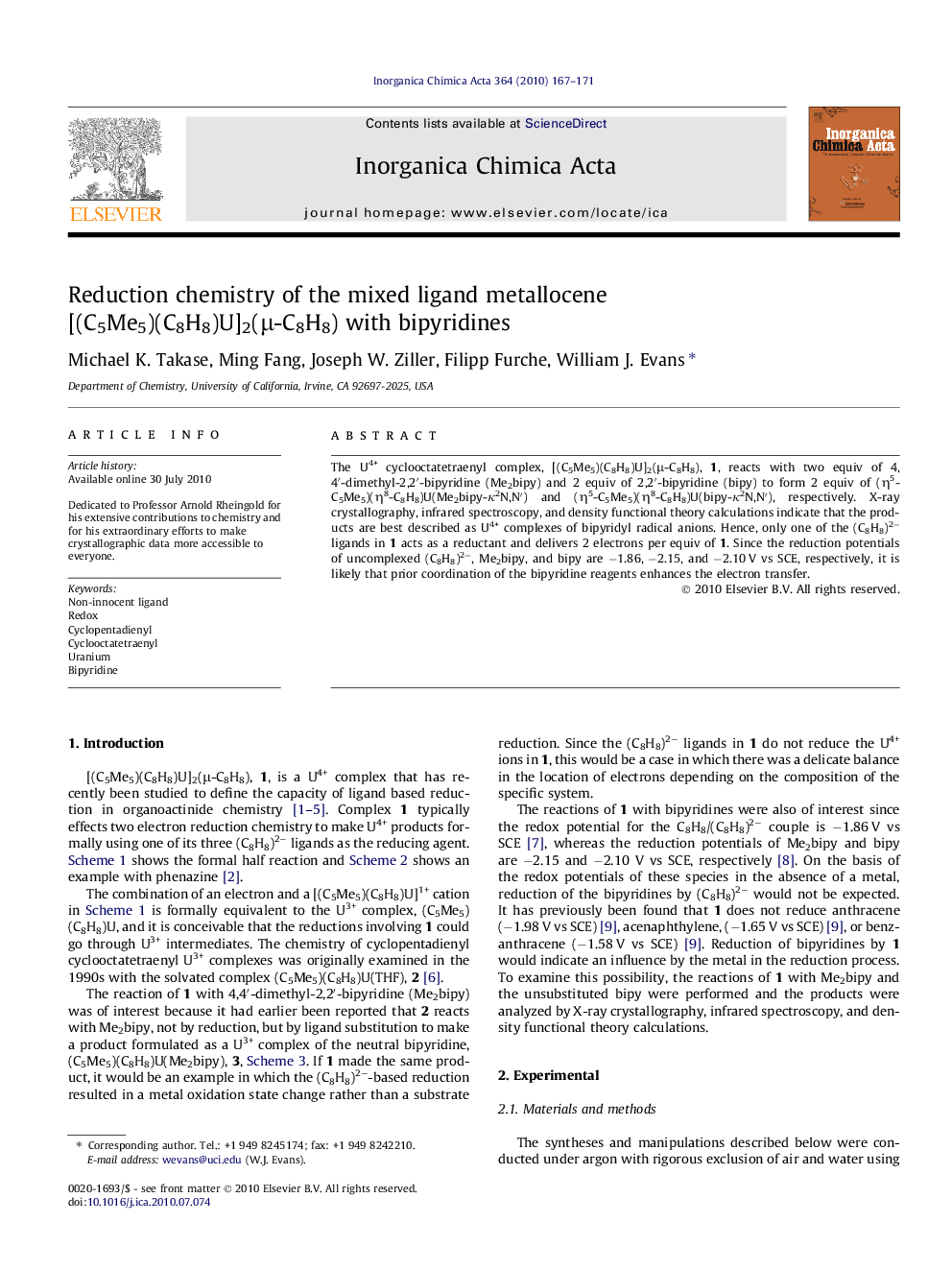 Reduction chemistry of the mixed ligand metallocene [(C5Me5)(C8H8)U]2(μ-C8H8) with bipyridines