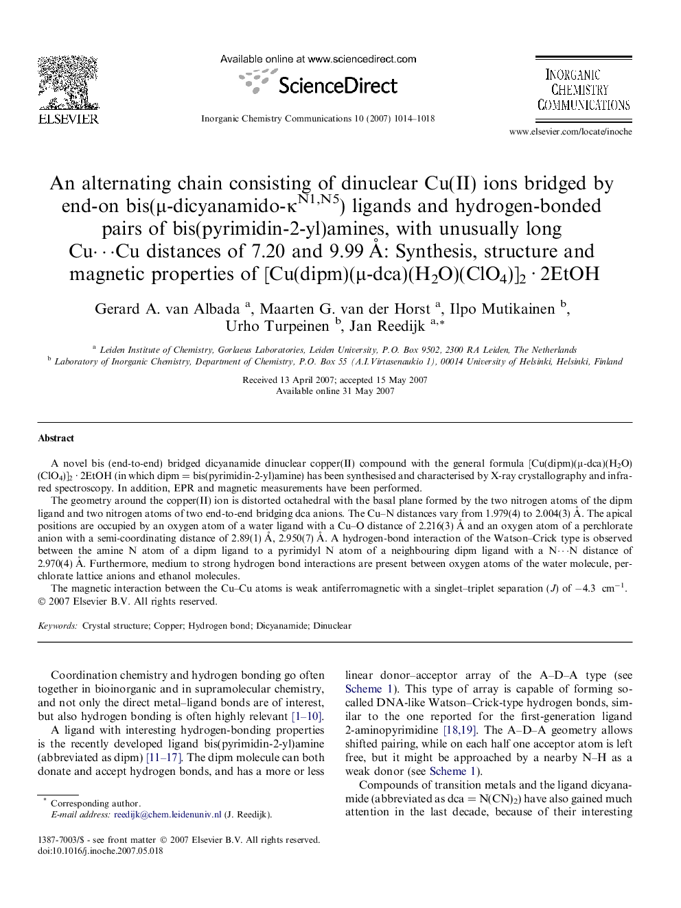 An alternating chain consisting of dinuclear Cu(II) ions bridged by end-on bis(Î¼-dicyanamido-ÎºN1,N5) ligands and hydrogen-bonded pairs of bis(pyrimidin-2-yl)amines, with unusually long Cuâ¯Cu distances of 7.20 and 9.99Â Ã: Synthesis, structure and mag