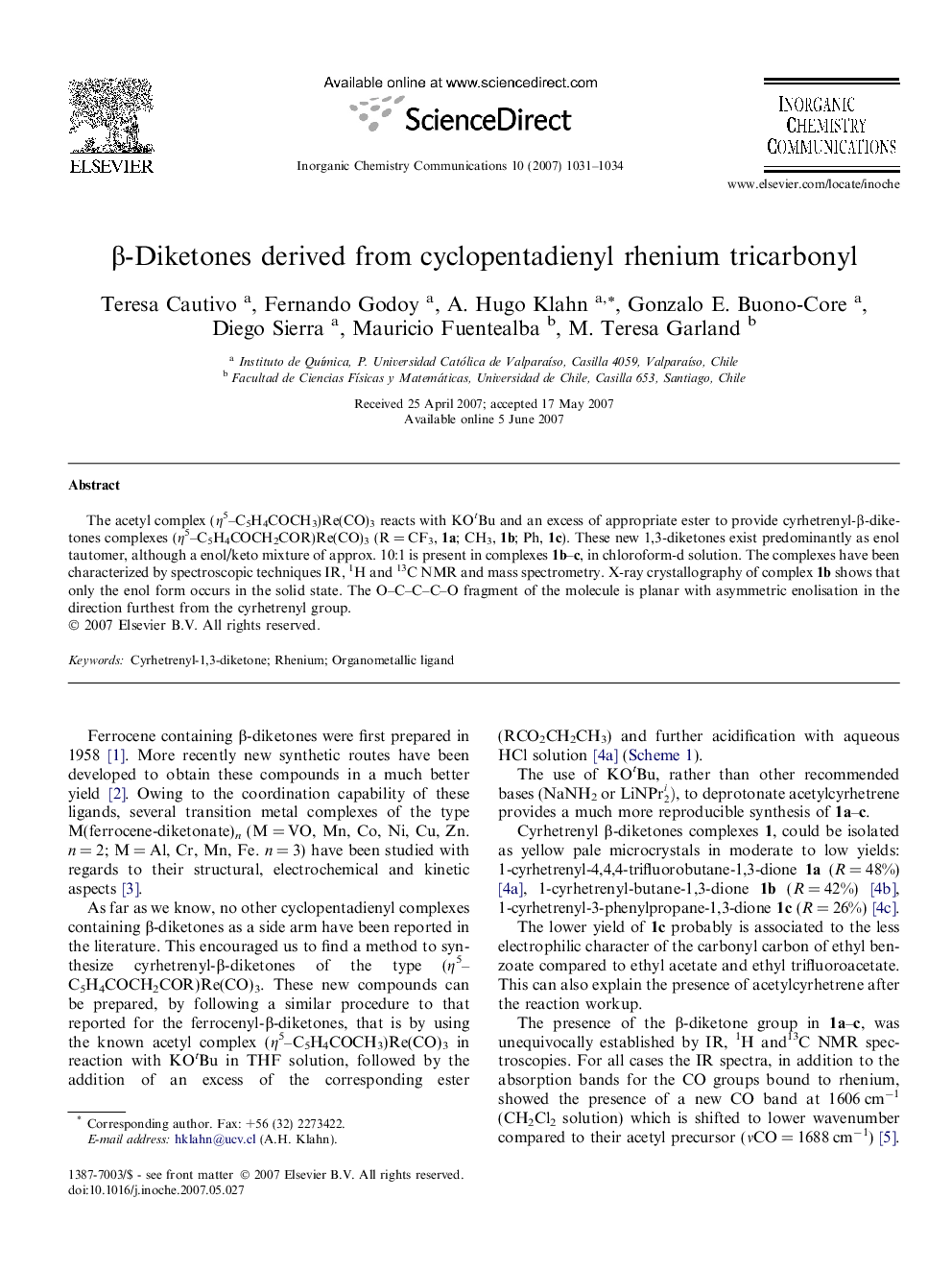 β-Diketones derived from cyclopentadienyl rhenium tricarbonyl