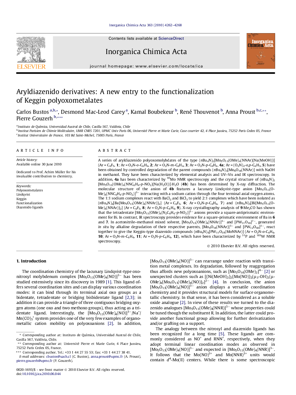 Aryldiazenido derivatives: A new entry to the functionalization of Keggin polyoxometalates