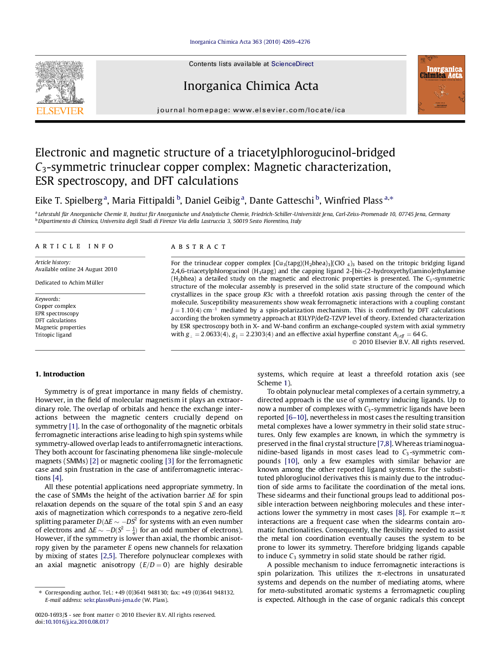 عکس صفحه اول مقاله: Electronic and magnetic structure of a triacetylphlorogucinol-bridged C3C3-symmetric trinuclear copper complex: Magnetic characterization, ESR spectroscopy, and DFT calculations Electronic and magnetic structure of a triacetylphlorogucinol-bridged C3C3-symmetric trinuclear copper complex: Magnetic characterization, ESR spectroscopy, and DFT calculations