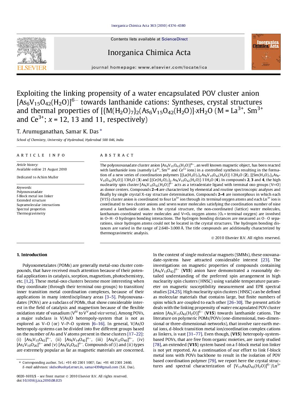 Exploiting the linking propensity of a water encapsulated POV cluster anion [As6V15O42(H2O)]6− towards lanthanide cations: Syntheses, crystal structures and thermal properties of [{M(H2O)7}2(As6V15O42(H2O)]·xH2O (M = La3+, Sm3+ and Ce3+; x = 12, 13 and 11