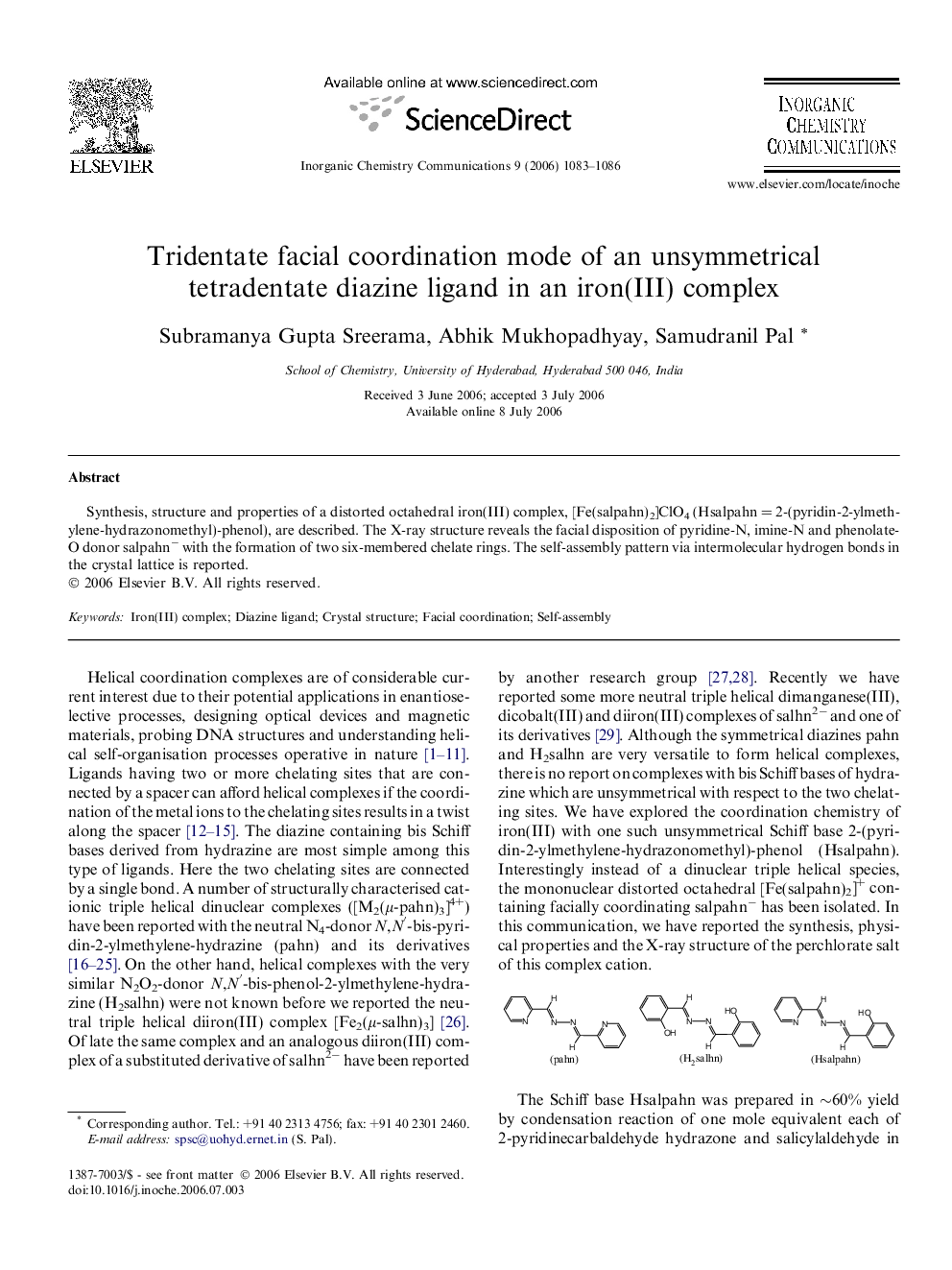 Tridentate facial coordination mode of an unsymmetrical tetradentate diazine ligand in an iron(III) complex