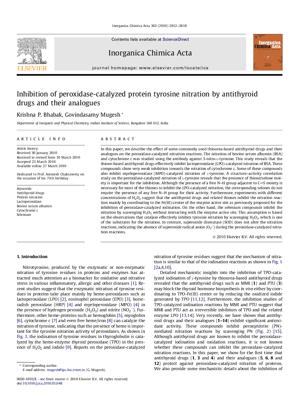 Inhibition of peroxidase-catalyzed protein tyrosine nitration by antithyroid drugs and their analogues