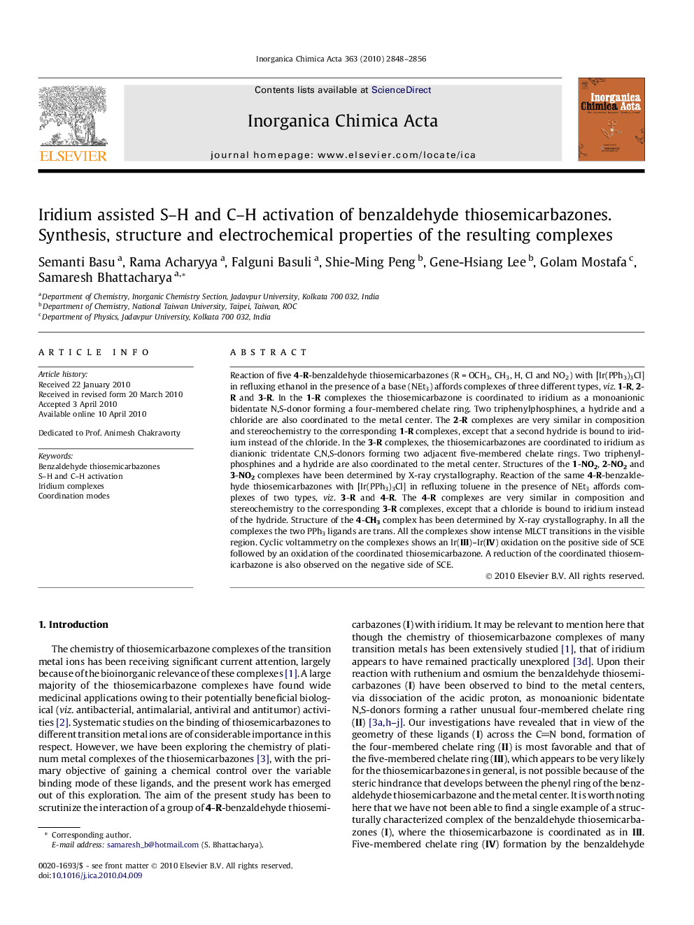 Iridium assisted S–H and C–H activation of benzaldehyde thiosemicarbazones. Synthesis, structure and electrochemical properties of the resulting complexes