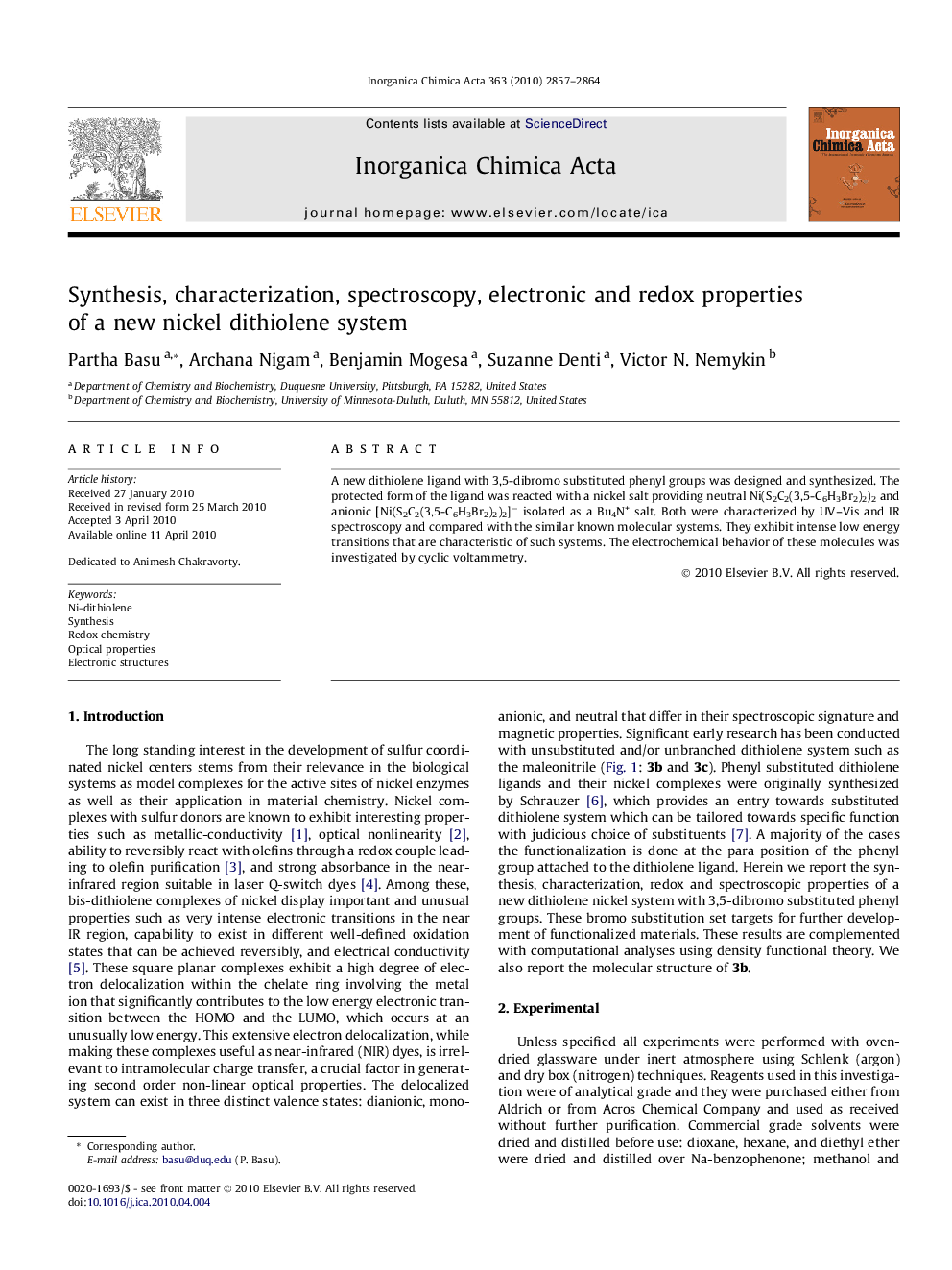 Synthesis, characterization, spectroscopy, electronic and redox properties of a new nickel dithiolene system