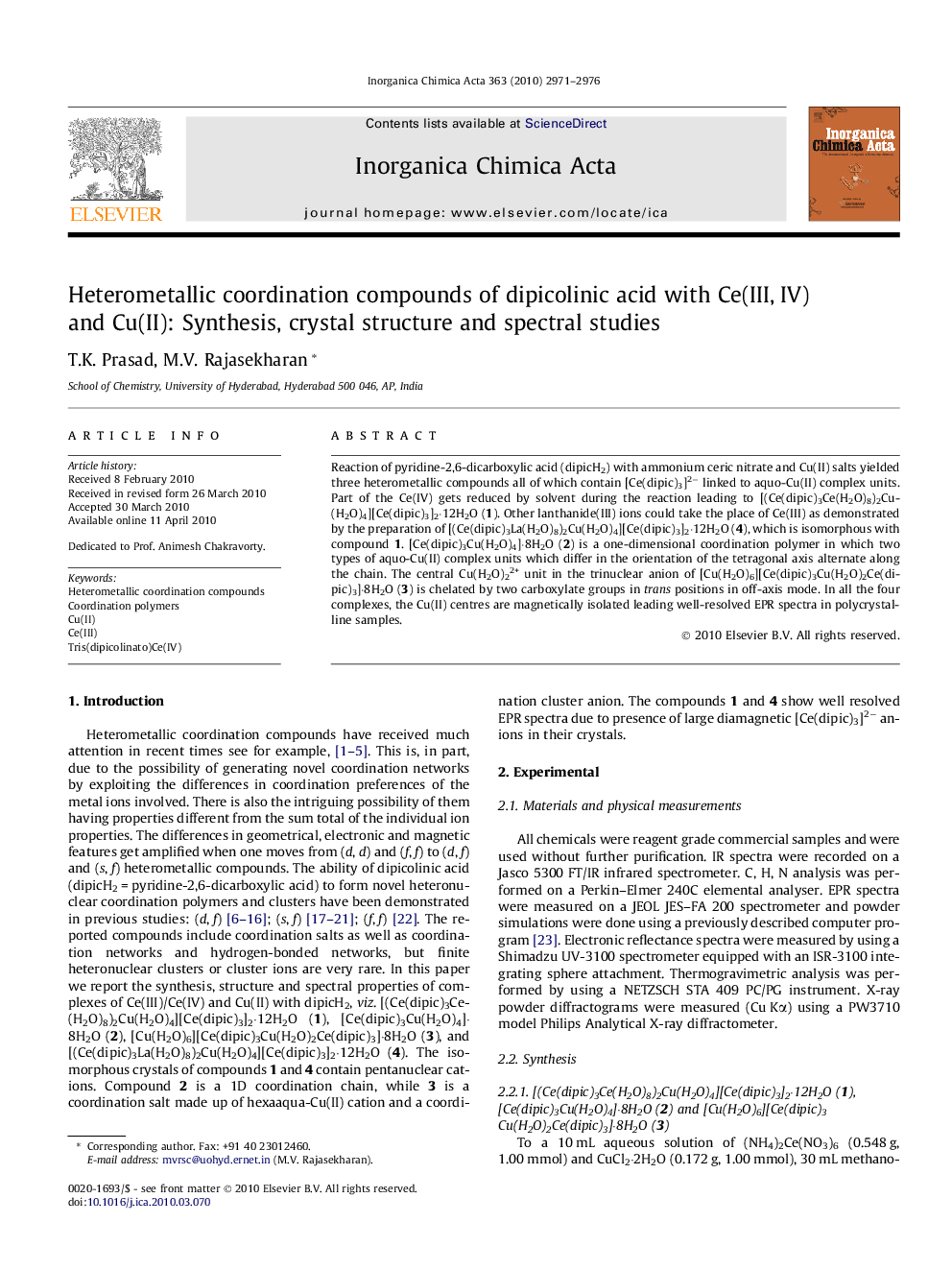 عکس صفحه اول مقاله: Heterometallic coordination compounds of dipicolinic acid with Ce(III, IV) and Cu(II): Synthesis, crystal structure and spectral studies Heterometallic coordination compounds of dipicolinic acid with Ce(III, IV) and Cu(II): Synthesis, crystal structure and spectral studies