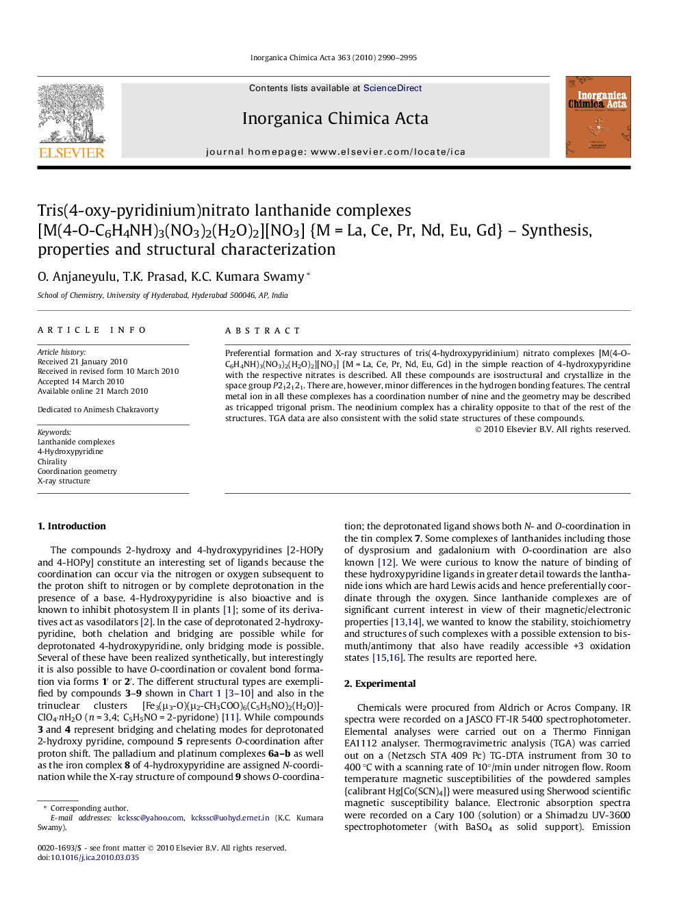 Tris(4-oxy-pyridinium)nitrato lanthanide complexes [M(4-O-C6H4NH)3(NO3)2(H2O)2][NO3] {M = La, Ce, Pr, Nd, Eu, Gd} – Synthesis, properties and structural characterization