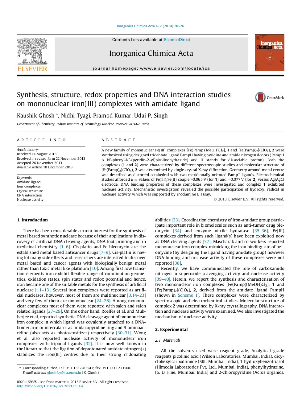 Synthesis, structure, redox properties and DNA interaction studies on mononuclear iron(III) complexes with amidate ligand