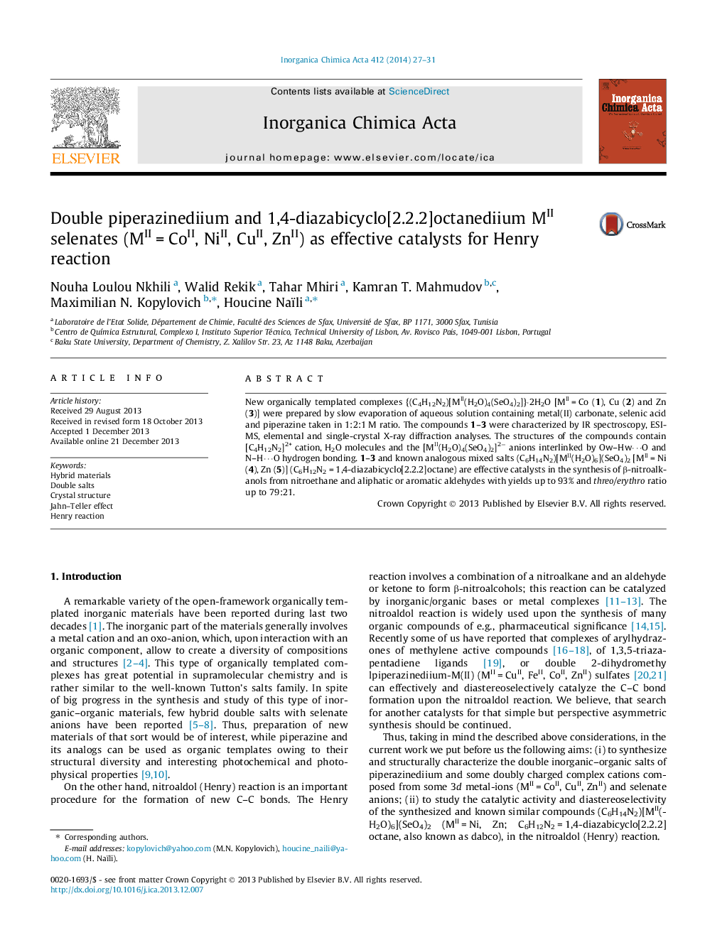 Double piperazinediium and 1,4-diazabicyclo[2.2.2]octanediium MII selenates (MII = CoII, NiII, CuII, ZnII) as effective catalysts for Henry reaction