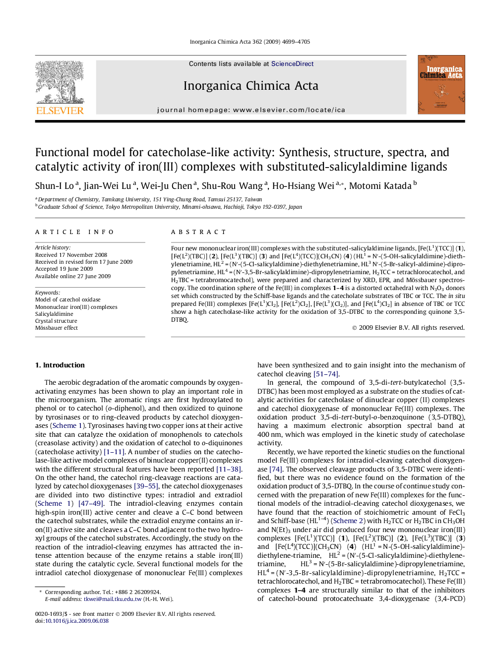 Functional model for catecholase-like activity: Synthesis, structure, spectra, and catalytic activity of iron(III) complexes with substituted-salicylaldimine ligands